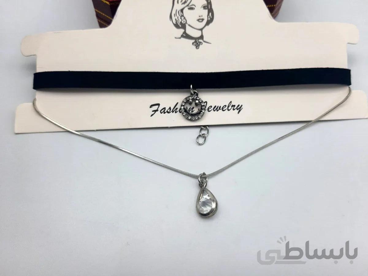گردنبند چوکر پلاک لبخند با آویز استیل کریستال