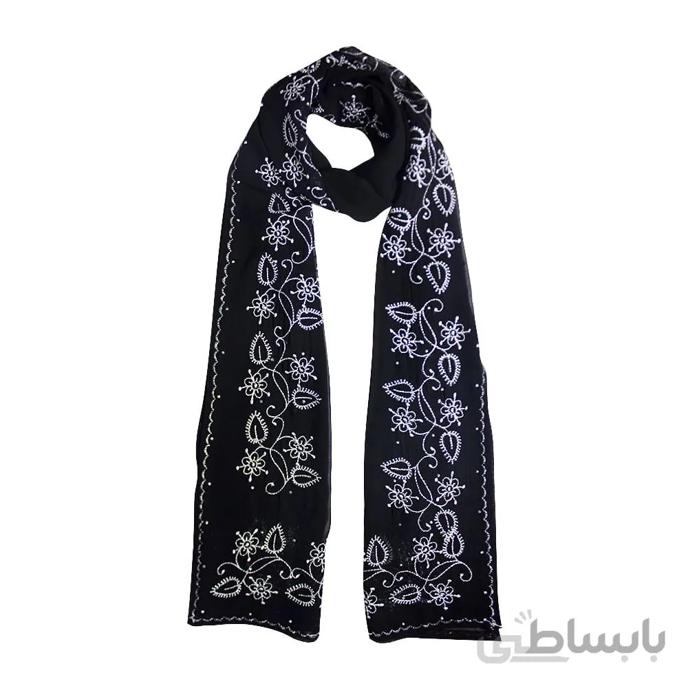 شال حریر مشکی گلدوزی گل نقره ای
