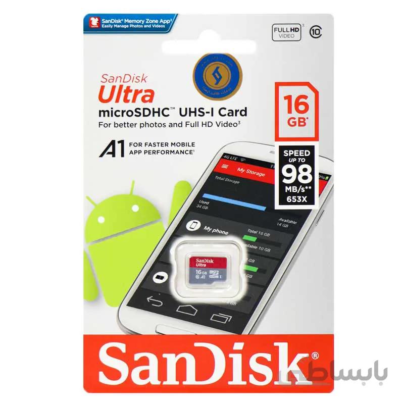 مموری کارت‌ microSDHC سن دیسک مدل A1 کلاس ۱۰ U3 سرعت ۹۸MBps ظرفیت ۱۶ گیگابایت