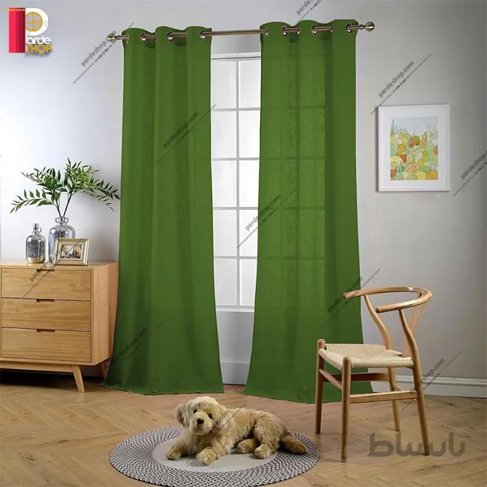 پرده پانچی تور کتان برند ParsDecor رنگ سبز لجنی