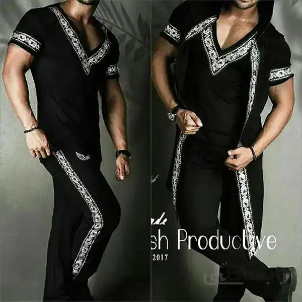 ست سه تیکه هودی تیشرت و شلوار مردانه طرح نوار هندی رنگ مشکی ا Set of three-piece hoodie, T-shirt and men's pants, black Indian design