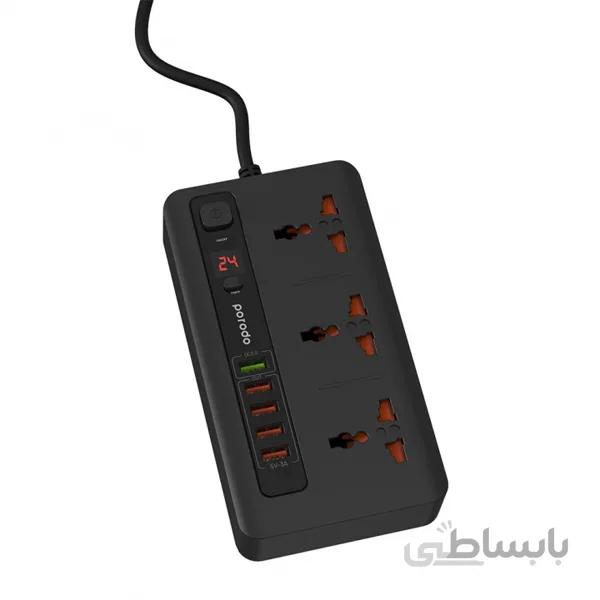 سه راهی برق و شارژر USB و محافظ شوک الکتریکی پرودو مدل PD-5P3SQCceu-bk