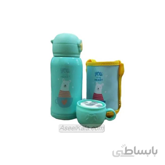فلاسک استیل نی دار کودک با کاور برزنتی طرح خرس ظرفیت 750 میل
