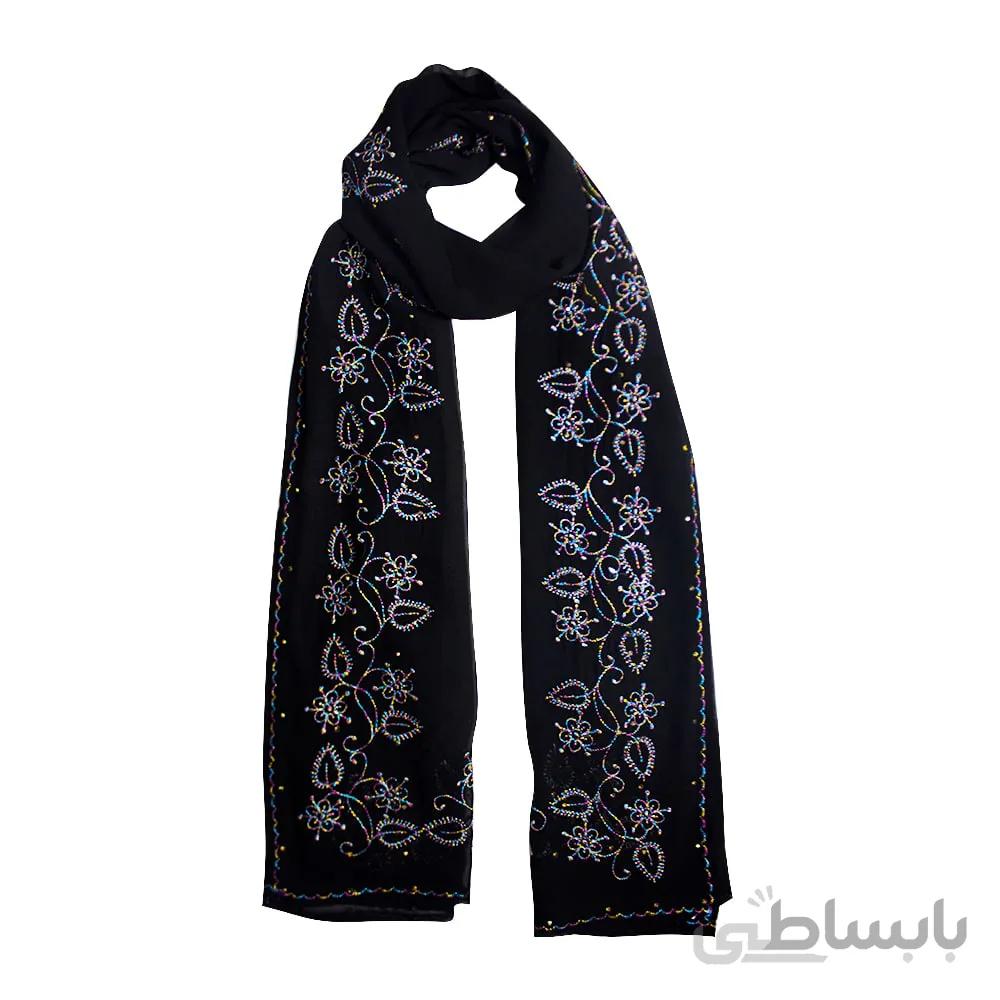 شال حریر مشکی طرح گل رنگارنگ