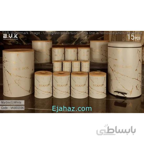 سرویس آشپزخانه 15 پارچه بی وی کی ویراکیش فلزی درب چوبی حبوبات (b.v.k) طرح ماربل سفید طلایی