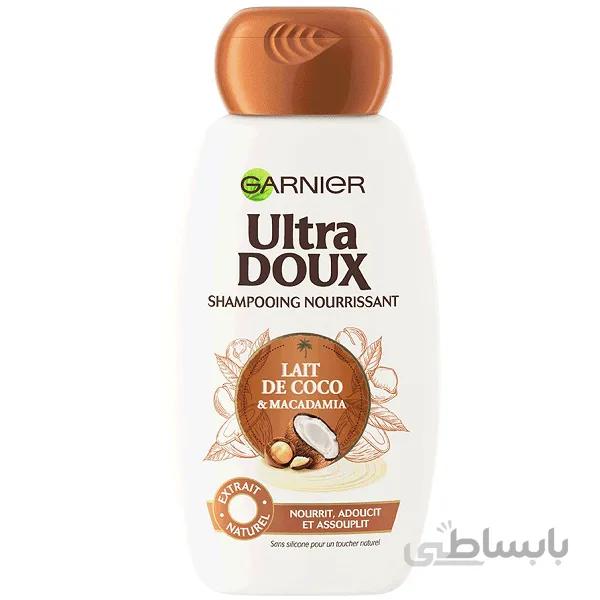 شامپو مغذی نارگیل و ماکادمیا گارنیر GARNIER مدل ULTRA DOUX حجم 400 میل اصل فرانسه ترمیم کننده و براق کننده
