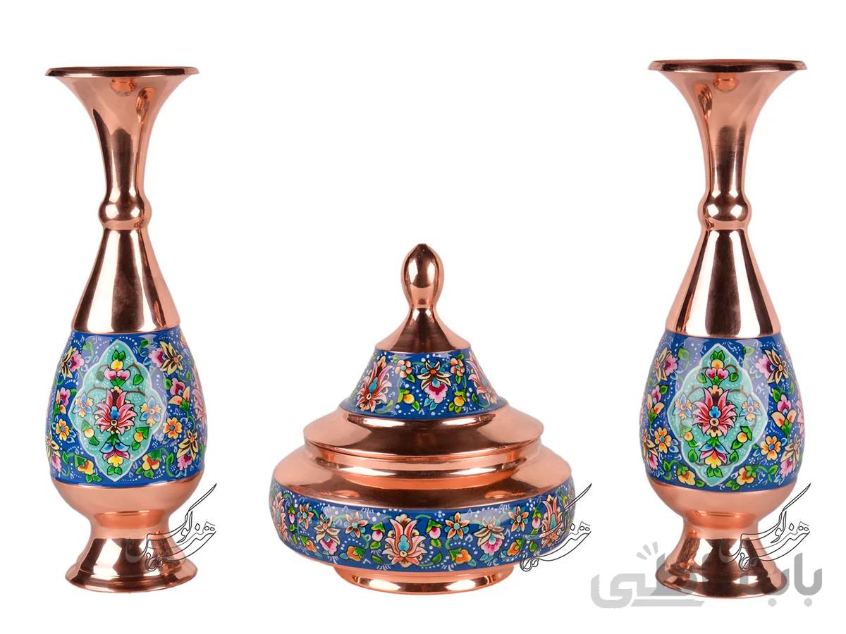ست بشقاب پرنده و گلدان مس و پرداز