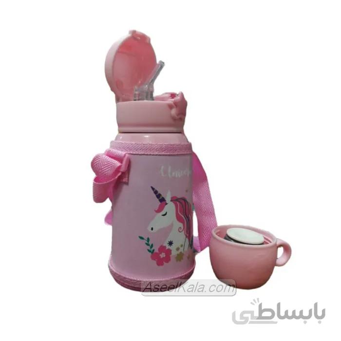فلاسک استیل نی دار کودک با کاور برزنتی طرح یونیکورن ظرفیت 750 میل