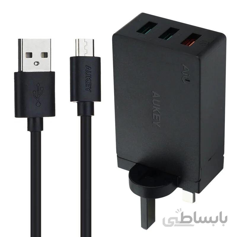 شارژر دیواری فست شارژ Aukey PA-T14 3Port QC3 3A 42W + کابل میکرو یو اس بی