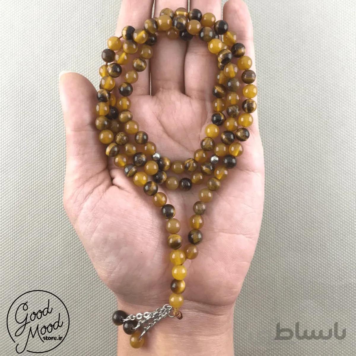 تسبیح سنگ طبیعی چشم ببر و عقیق زرد
