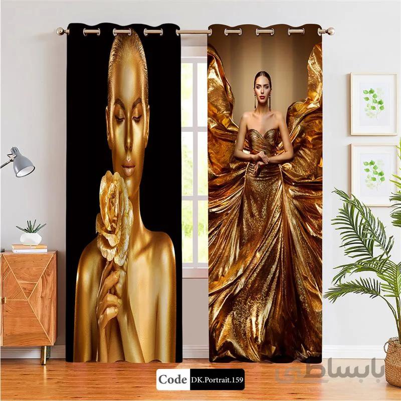 پرده پانچی (هازان و مخمل) کد DK.Portrait.159 طرح چهره زن طلایی با گل