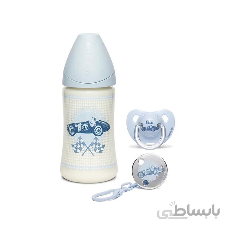 ست شیشه شیر، پستانک و بند پستانک طرح ماشین مسابقه سواوینکس Suavinex