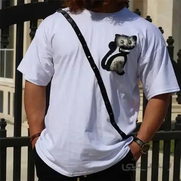 تیشرت مردانه کد261 طرح گربه جنس نخ پنبه رنگ سفید ا Men's T-shirt code 261 cat design made of white cotton thread