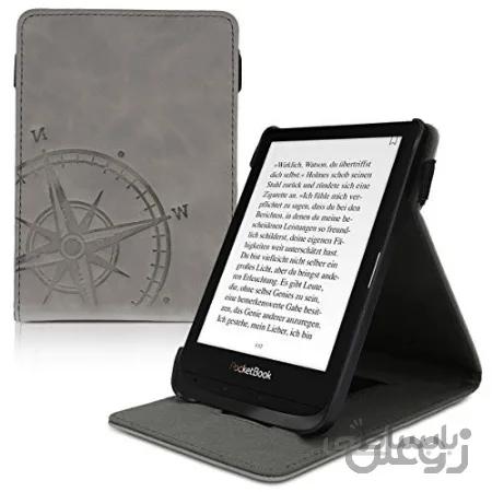 جلد kwmobile برای Pocketbook Touch Lux 4 / Basic Lux 2 / Touch HD 3 - مورد چرمی Faux Nubuck با تسمه دست و پایه داخلی - پایه قطب نما خاکستری