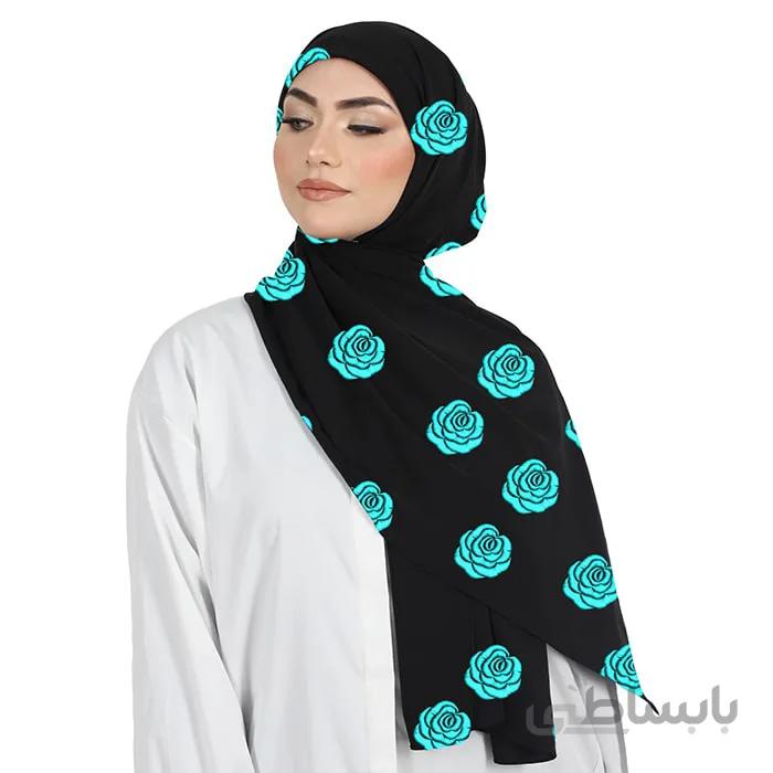 شال حریر مشکی گلدوزی رُز آبی