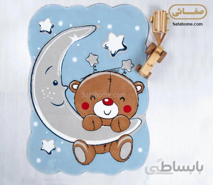 فرش کودک زرباف طرح خرس و ماه آبی