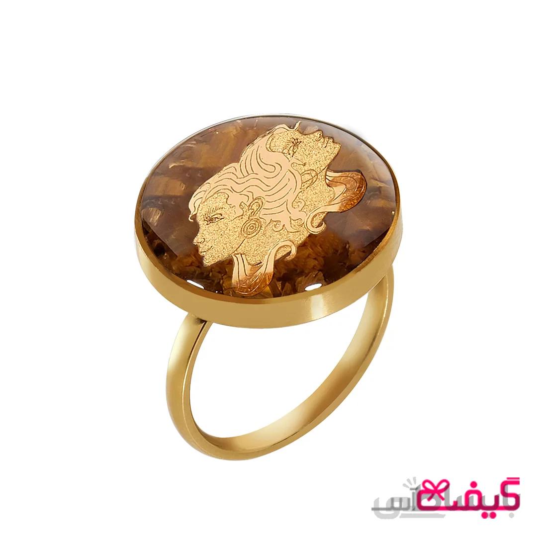 انگشتر تایگر قهوه ای و ورق طلا طرح ماه خرداد