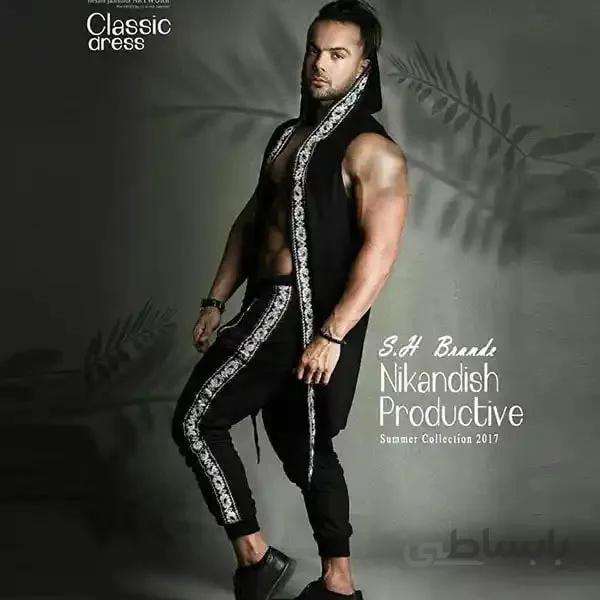 ست شنل و شلوار مردانه طرح نوار هندی طلایی جنس دورس کد87 ا Men's cape and pants set, golden Indian ribbon design, Dors code 87