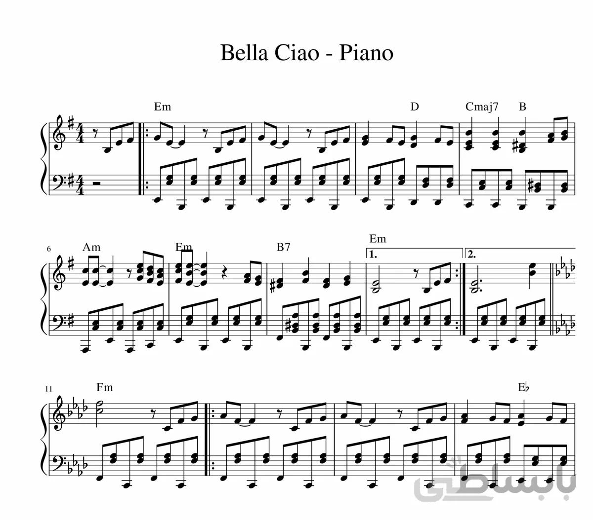 نت پیانو Bella Ciao بلاچاو