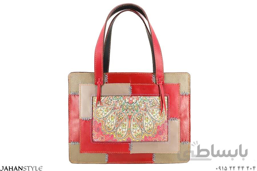 کیف دستی چرم طبیعی چهلتکه ترمه دوزی کد 588113