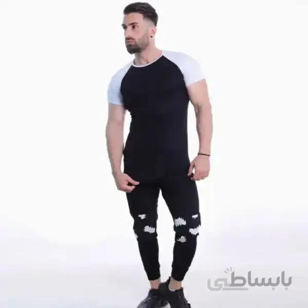 ست مردانه کد 174 تیشرت دو رنگ و شلوار اسلش طرح دار ا Men's set code 174 two-color T-shirt and patterned slash pants