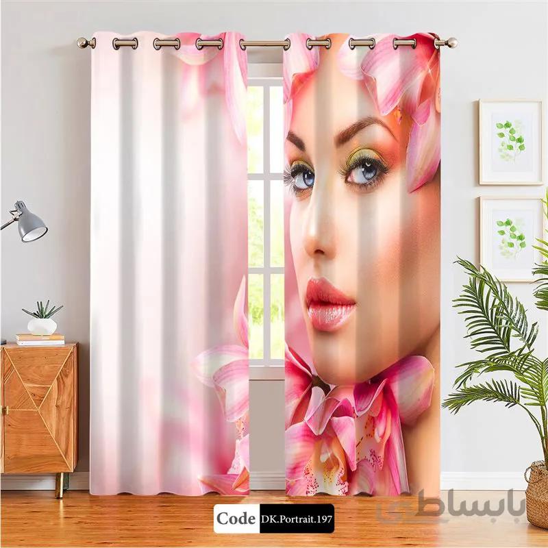 پرده پانچی (هازان و مخمل) کد DK.Portrait.197 طرح چهره زن و گل های صورتی