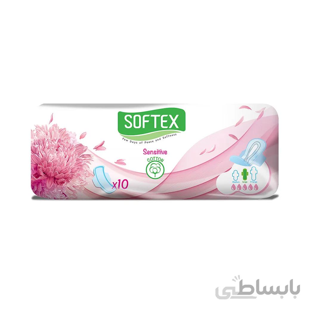 نوار بهداشتی سافتکس بزرگ با رویه کتان بسته 10 عددی ا Softex Sanitary Napkin Large Winged Cotton 10pcs