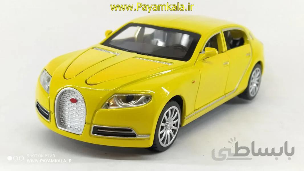 (7 در بازشو) اسباب بازی ماشین بوگاتی گالیبیه متوسط (Bugatti) موزیکال-چراغدار فلزی زرد