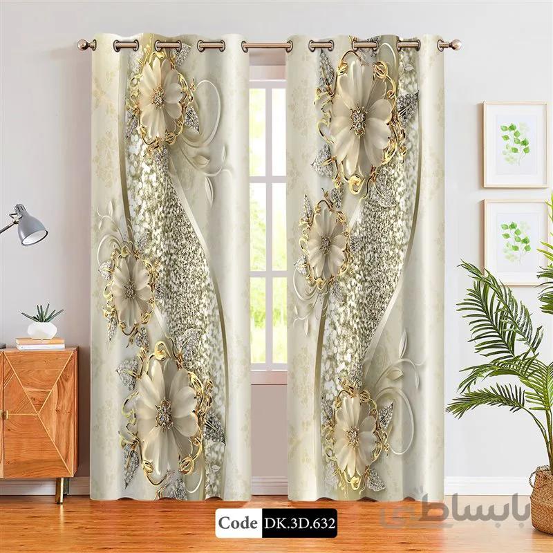پرده پانچی (هازان و مخمل)کد DK.3D.632 طرح سه بعدی گل های طلایی
