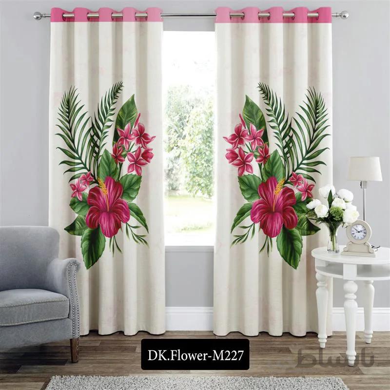 پرده پانچی (هازان و مخمل)کد DK.Flower.M227 طرح گل و منظره گلهای صورتی