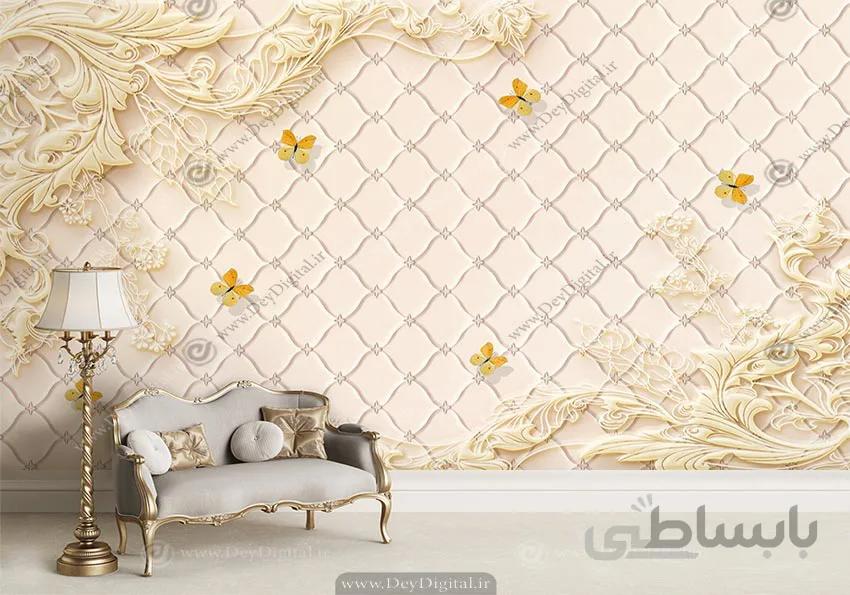 کاغذ دیواری پذیرایی سفید طلایی BA-4278
