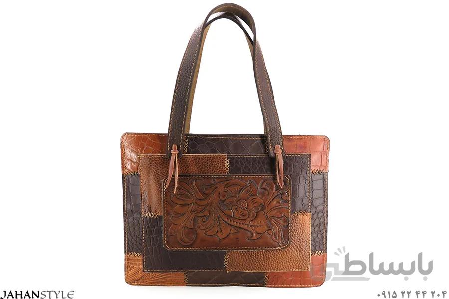 کیف دستی چرم طبیعی قلم‌زنی مدل چهل‌تکه