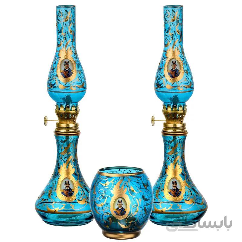 چراغ گرد سوز شاه عباسی بسته دو عددی به همراه جا شمعی فیروزه ای