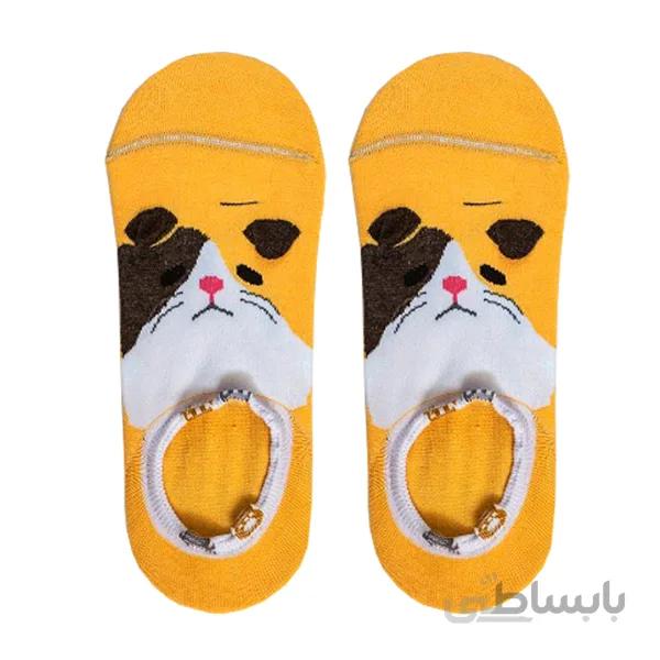 جوراب زنانه طرح گربه ساق کوتاه مچی زرد کد PH360