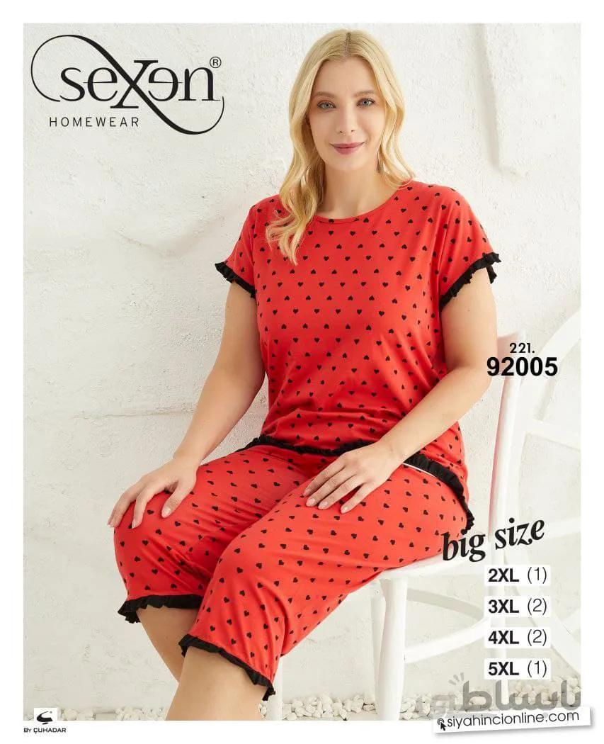 ست تی شرت و شلوارک نخی زنانه سایز بزرگ 92005 ترک | سکسن | Sexen