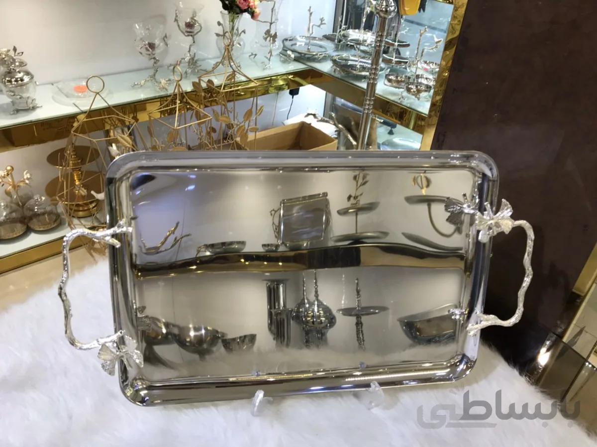 سینی استیل و برنج طرح پروانه (نقره ای)