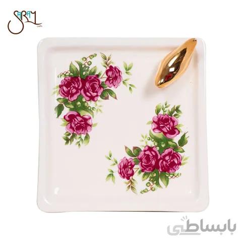 بشقاب مربع گل سرخ مات با پرنده طلا کد 0620