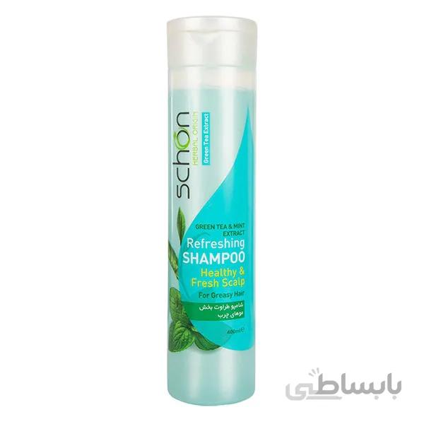 شامپو احیا کننده چای سبز و نعناع موهای چرب شون حجم 400 میلی لیتر ا Schon Green Tea and Mint Extract Shampoo for Oily Hair 400 ml