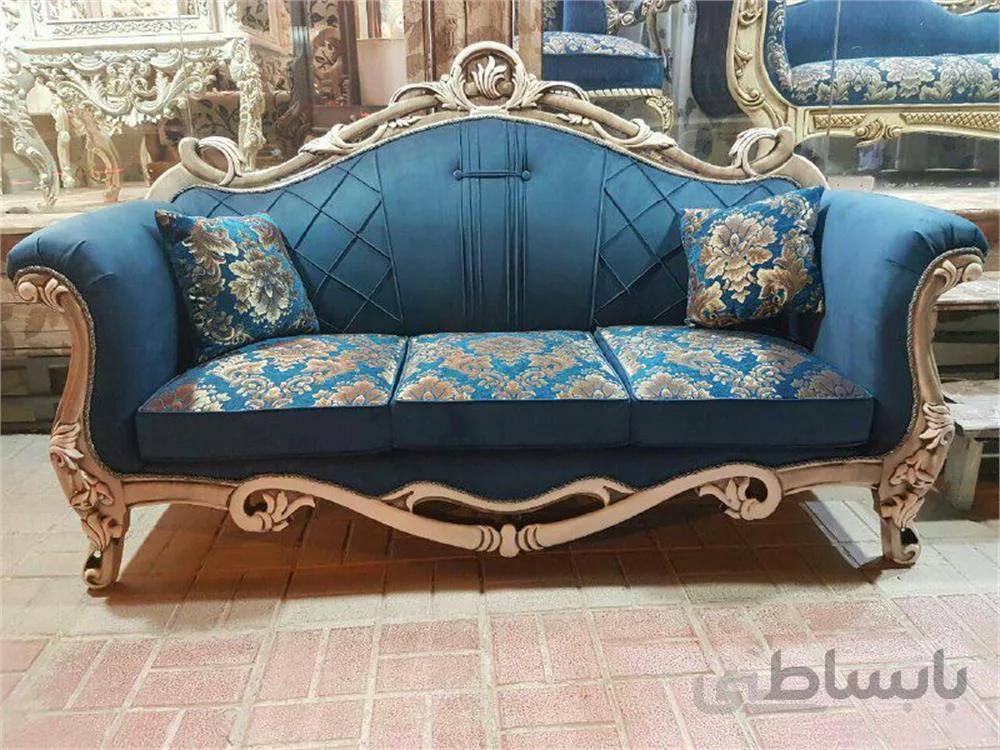 مدل ژوبین جدید آبی با پارچه اونتوس و ملیتا و اسکلت چوب فاقد پلیمر,با نمای طلایی ا New blue jubin model with Ontus and Melita fabric and wood frame without polymer, with golden facade