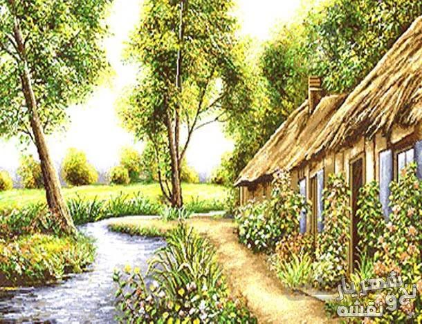 نخ و نقشه تابلو فرش منظره کلبه کد 580