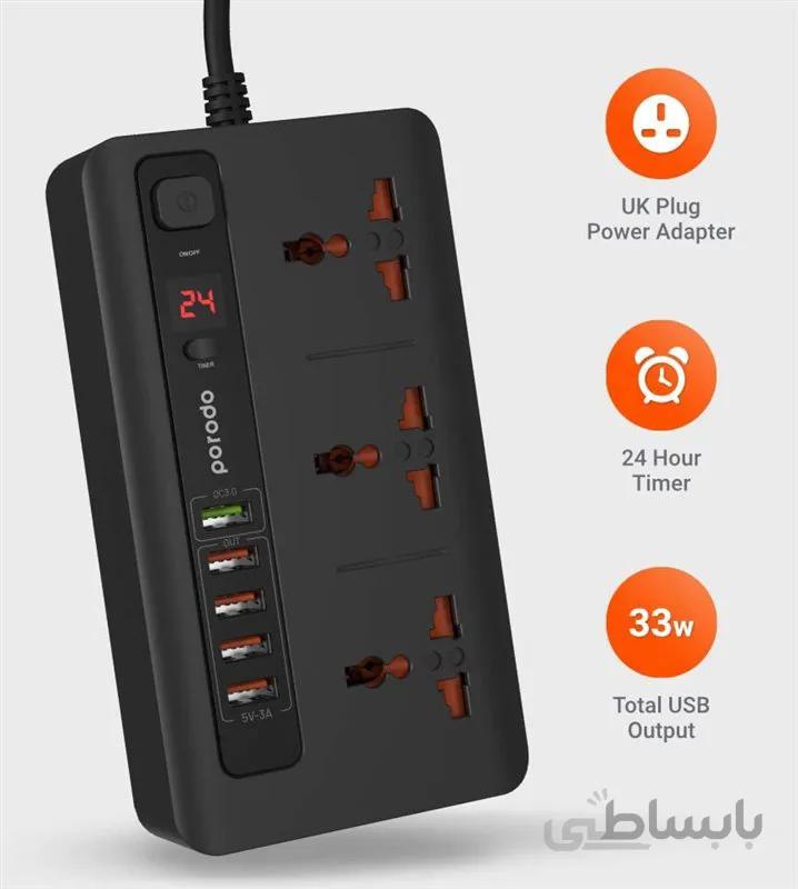 چند راهی برق پرودو ا مدل PD-5P3SQC (دارای 5 پورت USB)