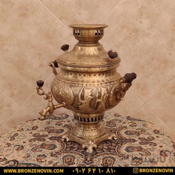 سماور زغالی برنجی ۸ لیتری قلم دست برجسته هخامنش آنتیک