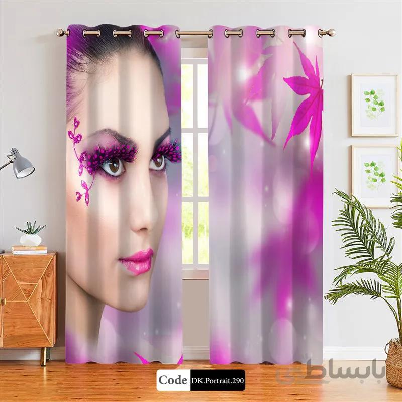 پرده پانچی (هازان و مخمل) کد DK.Portrait.290 طرح چهره زن و برگ های صورتی