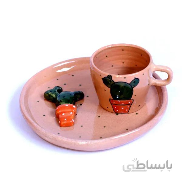 ست ماگ و بشقاب سرامیکی دستساز طرح کاکتوس