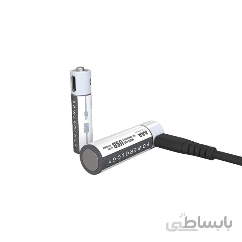 باطری قلمی قابل شارژ پاورولوجی Powerology مدل PRUBAA4(بسته 4 عددی بهمراه کابل شارژ) ا Powerology Lithium-ion Rechargeable Battery Cell Ax4 Model PRUBAA4