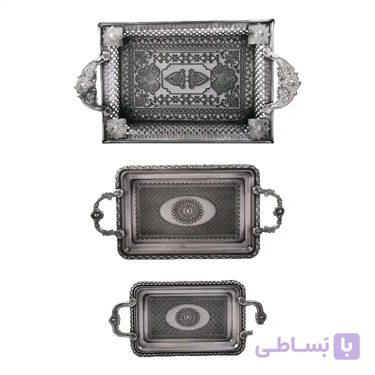 سرویس سینی ۳ پارچه نقره‌ای مستطیل ورکاده