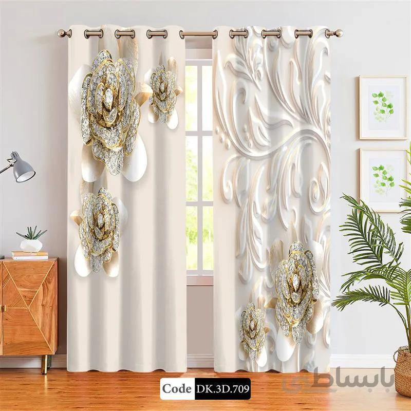 پرده پانچی (هازان و مخمل)کد DK.3D.709 طرح سه بعدی گل های طلایی