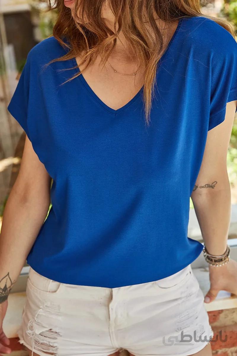 XHAN تی شرت زنانه Saxe V Neck Flowy Viscose 0yxk2-43377-15