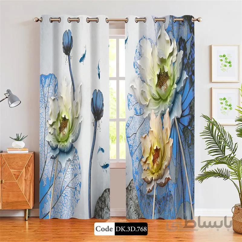 پرده پانچی (هازان و مخمل)کد DK.3D.768 طرح سه بعدی گل و ماهی