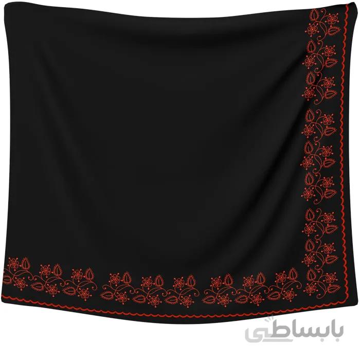 روسری حریر مشکی گلدوزی گل قرمز